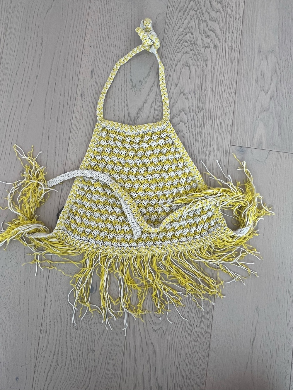 Hand-Crocheted Yellow & White Fringe Halter Crop Top